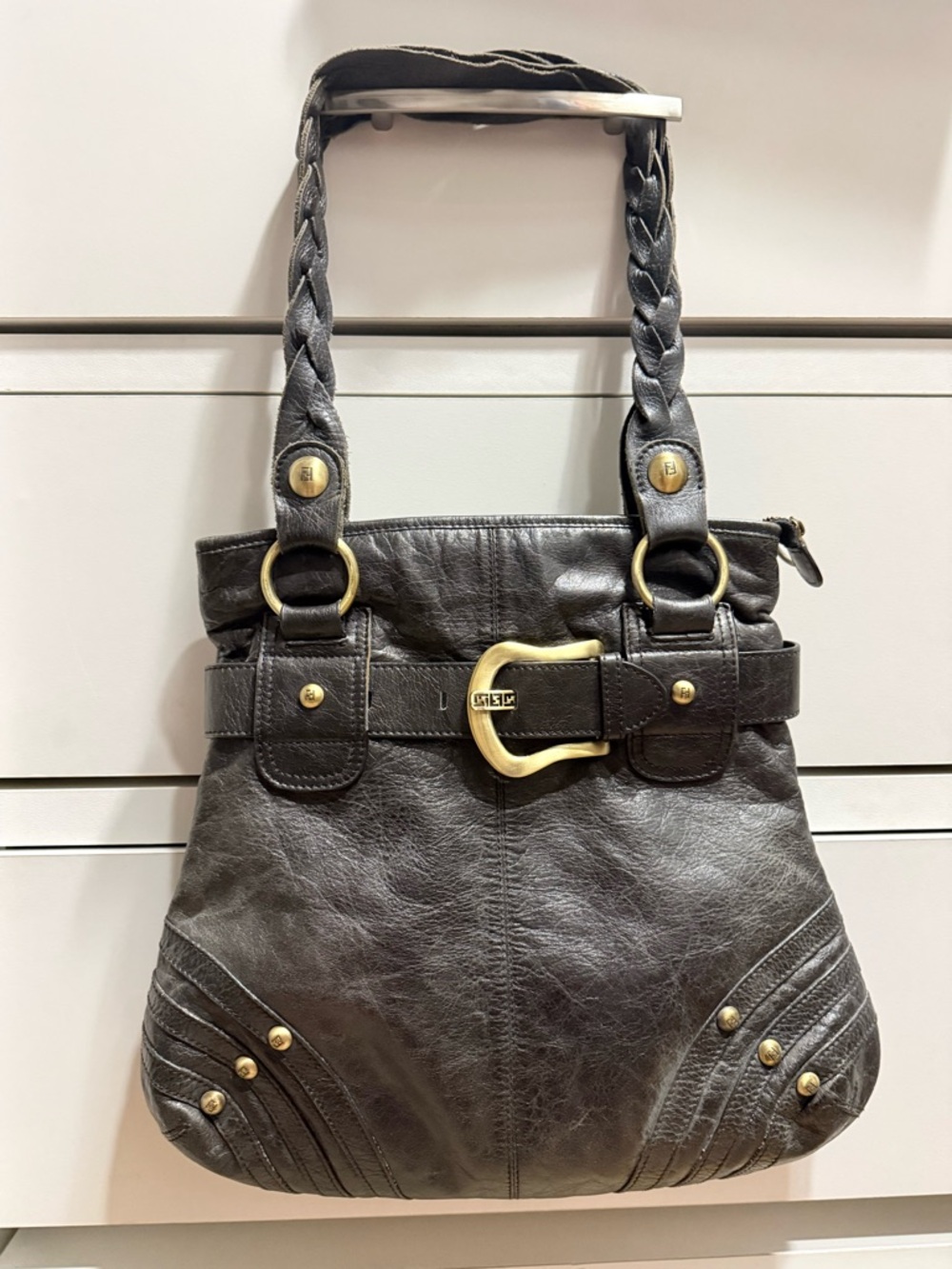 Fendi Dark Brown Leather Shoulder Bag with Gold-Tone Buckle